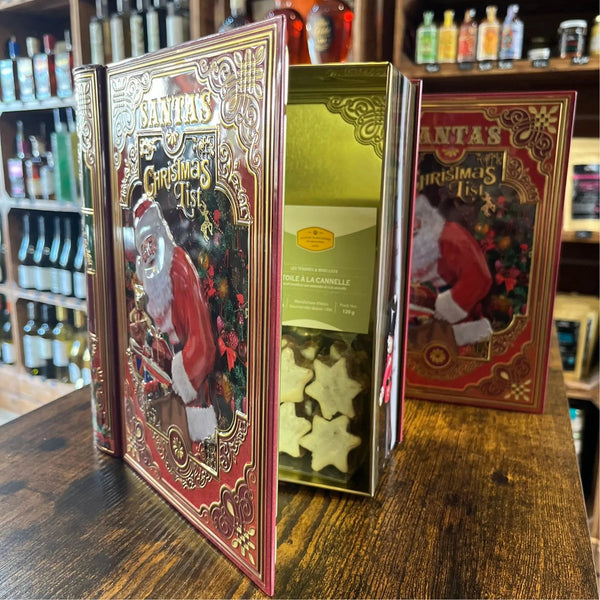 Boîte Métallique Livre Père Noël - Chocolats et Étoiles à la Cannelle